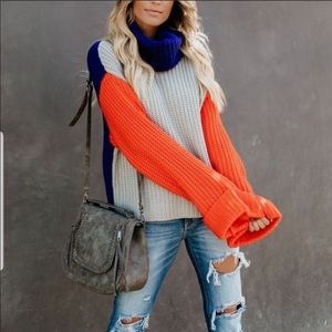 BRIGHTEN MY DAY COLORBLOCK COWL NECK SWEATER VICI